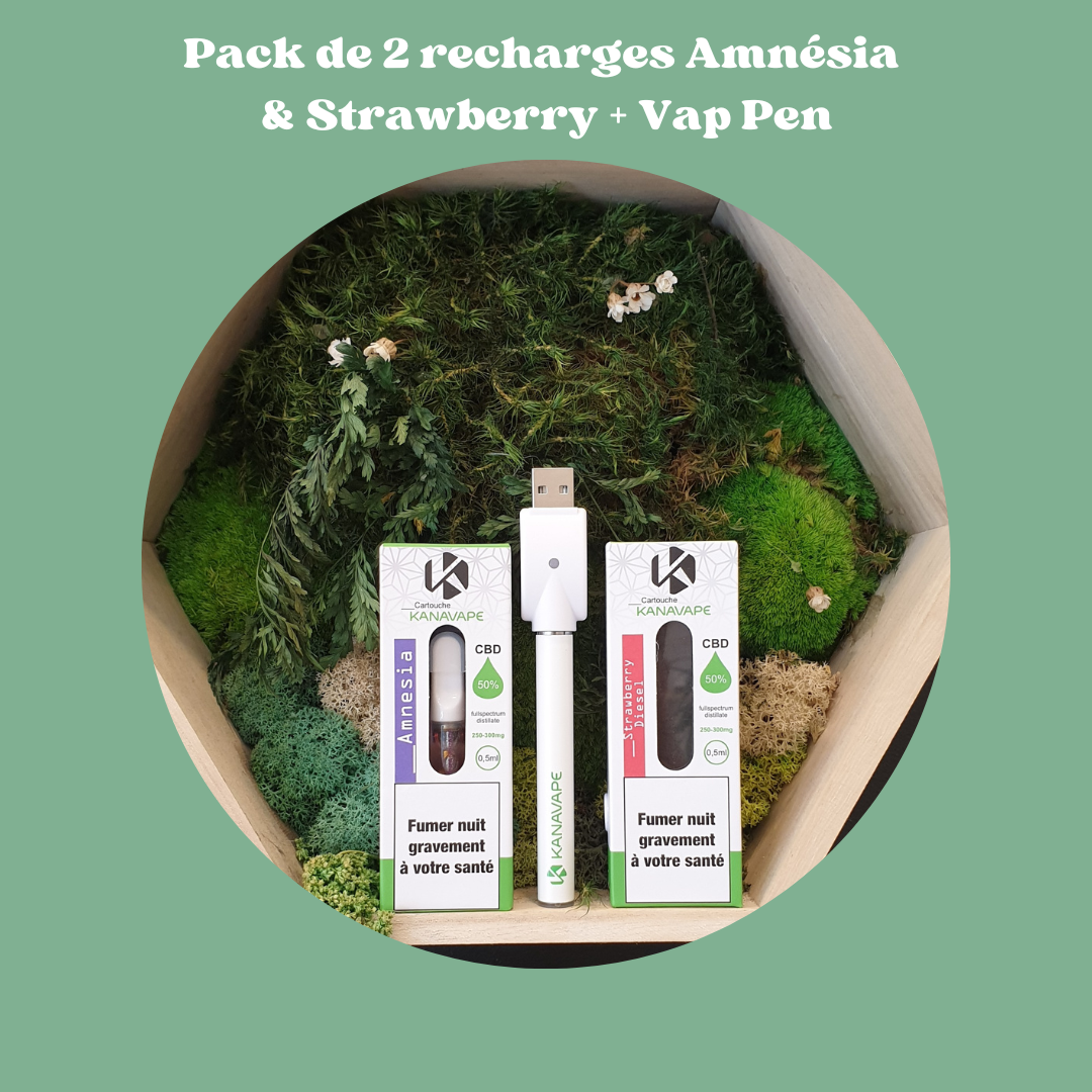 Pack mixte cartouches Strawberry (1) et Amnésia (1) + Vape Pen - 50% cannabinoïdes - 0,5ml (Copie)