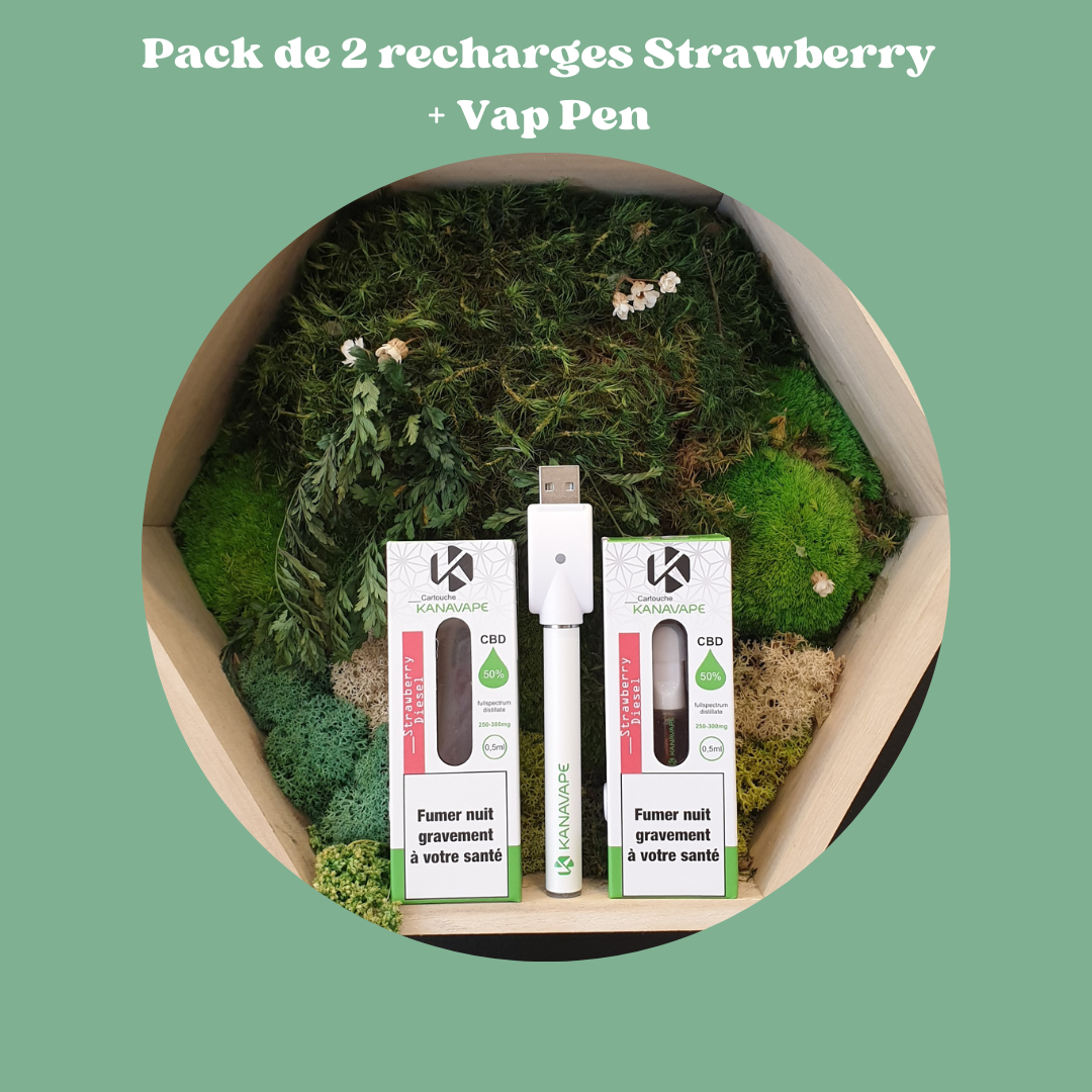 Pack de 2 cartouche Strawberry + Vape Pen - 50% cannabinoïdes - 0,5ml