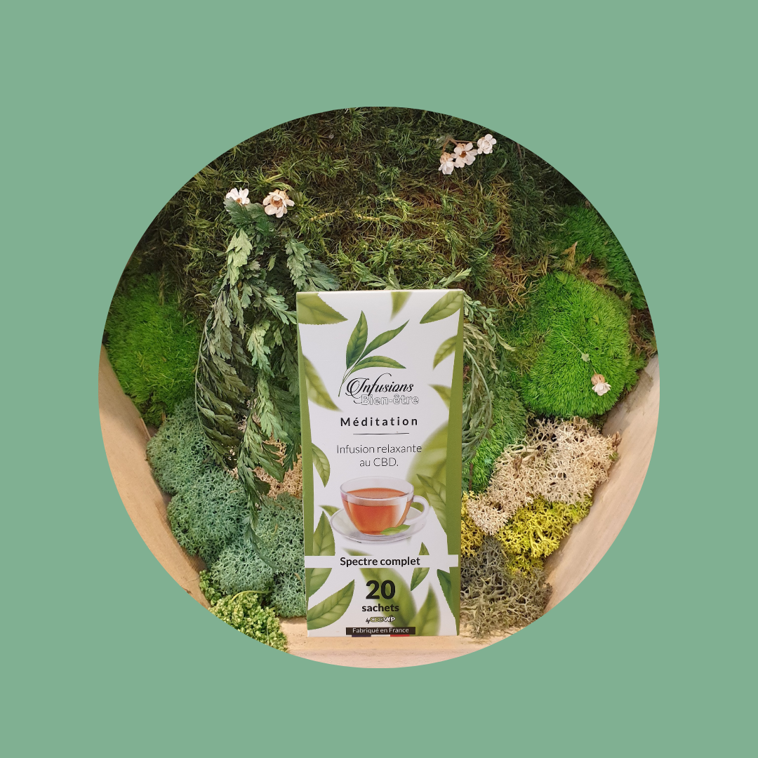 Méditation 40 mg - pomme, cynorrhodon, camomille, tulsi, fleurs de souci, poivre noir, menthe poivrée, lavande, stevia, fleurs d'immortelle; cardamone et valériane