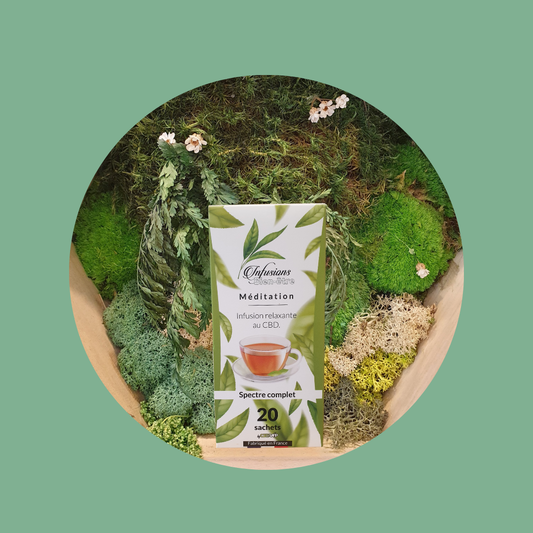 Méditation 40 mg - pomme, cynorrhodon, camomille, tulsi, fleurs de souci, poivre noir, menthe poivrée, lavande, stevia, fleurs d'immortelle; cardamone et valériane