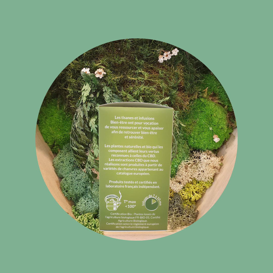 Méditation 40 mg - pomme, cynorrhodon, camomille, tulsi, fleurs de souci, poivre noir, menthe poivrée, lavande, stevia, fleurs d'immortelle; cardamone et valériane