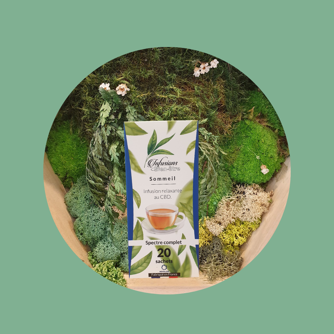 Sommeil 40 mg - Citronnelle, bâton de cannelle, mélisse, feuilles de mûre, racine de réglisse, écorces de citron, camomille, fleurs de houblon, cardamome.